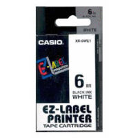 Páska CASIO originální plastová samolepicí šíře 6mm, černá na bílém, návin 8m