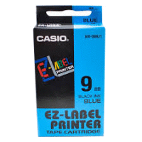 Páska CASIO originální plastová samolepicí šíře 9mm, černá na modrém, návin 8m