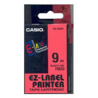 Páska CASIO originální plastová samolepicí šíře 9mm, černá na červeném, návin 8m
