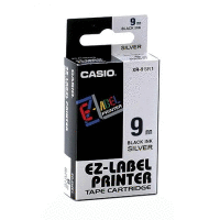 Páska CASIO originální plastová samolepicí šíře 9mm, černá na stříbrném, návin 8m