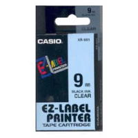 Páska CASIO originální plastová samolepicí šíře 9mm, černá na průhledném, návin 8m