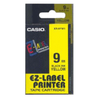 Páska CASIO originální plastová samolepicí šíře 9mm, černá na žlutém, návin 8m