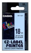 Páska CASIO originální plastová samolepicí šíře 18mm, černá na průhledném, návin 8m