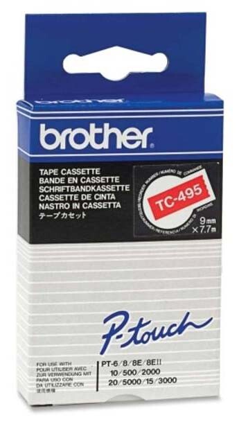 Páska BROTHER plastová samolepicí šíře 9mm, bílý tisk na červené pásce, návin 7,7m